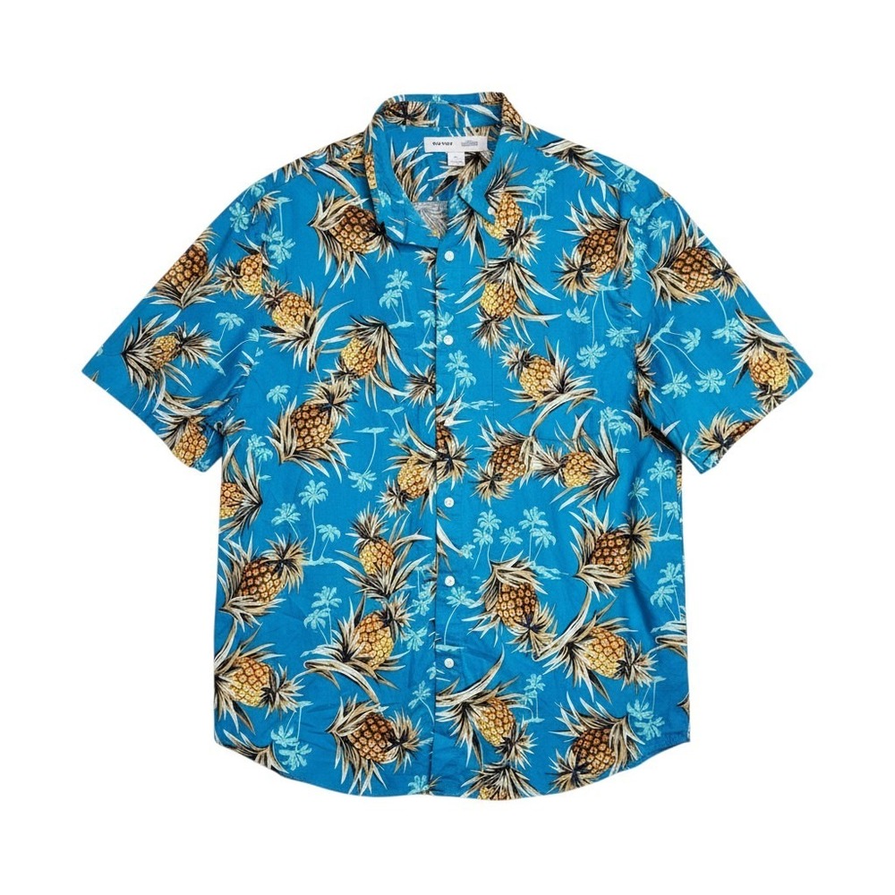 Old Navy Mens XL Slim Fit Built-In Flex‎ Pineapple Tropical Blue Button Up Shirt